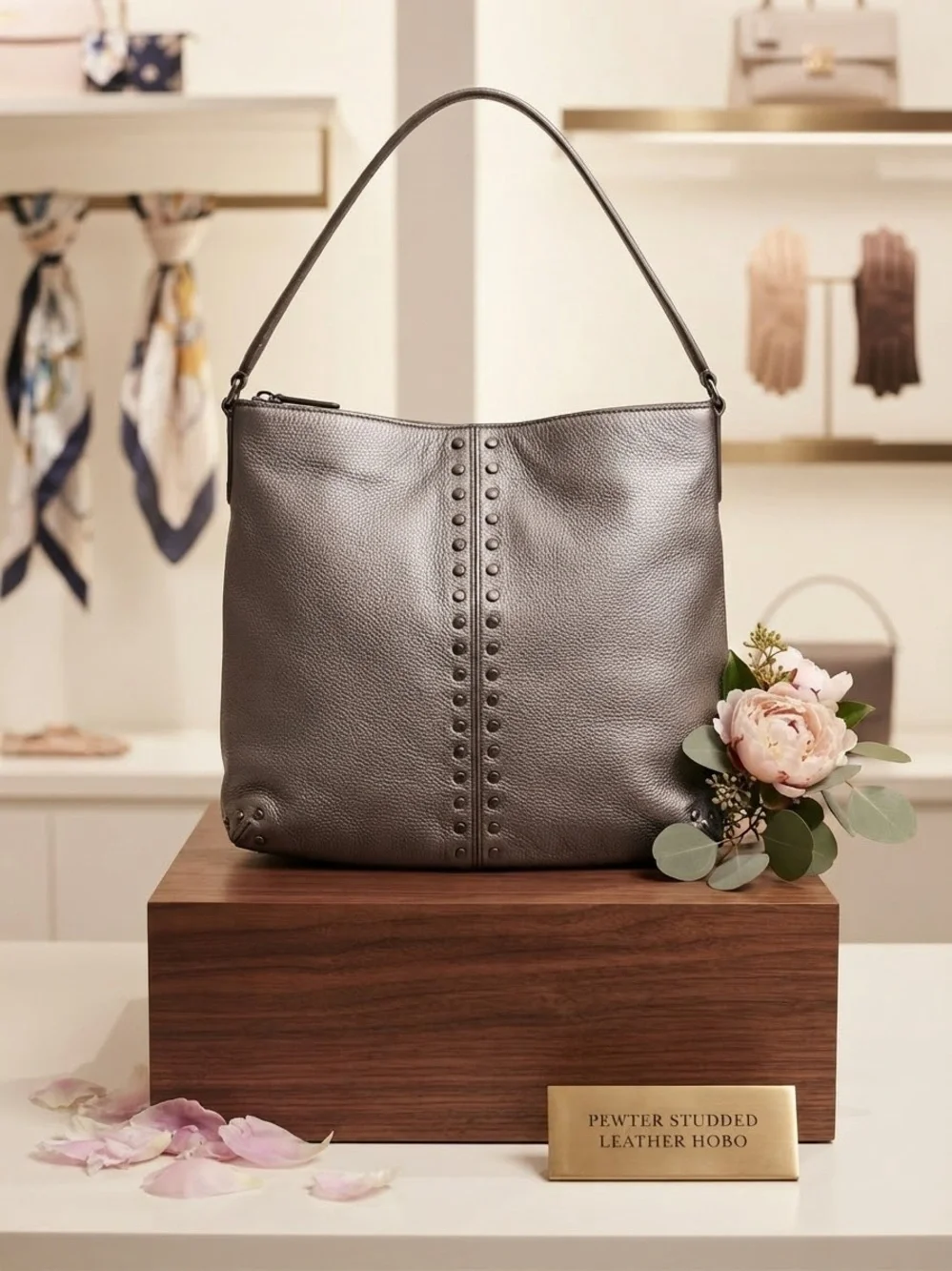 Michael Kora Studded Pewter Leather Hobo Bag - Women's Shoulder Bag